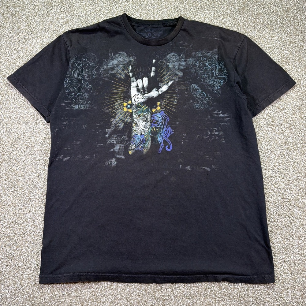 Carbon Y2K Black Graphic Tee Ed Hardy Style Size XL Cotton